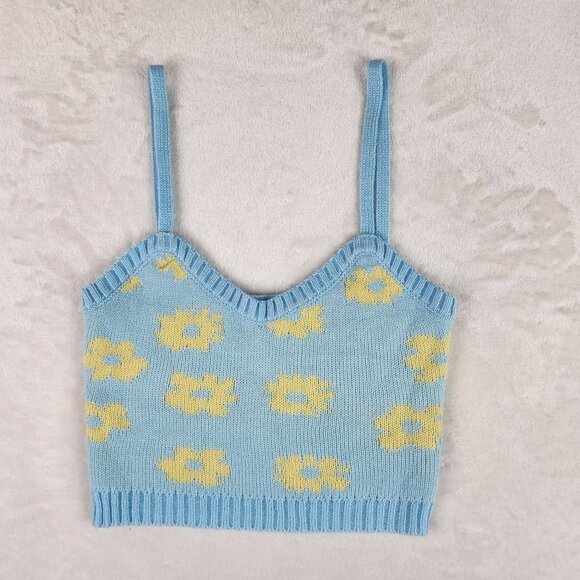 Princess Polly Blue Knit Crop Top with Yellow Flowers Size S/M - Picture 1 of 15